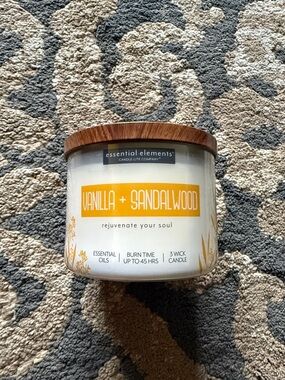 Essential Elements Vanilla + Sandalwood 3-Wick Candle — White with Wood Lid